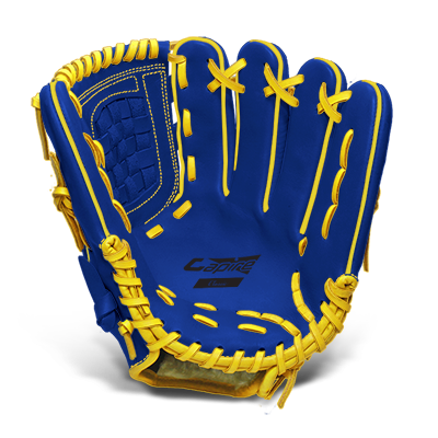 blue and yellow baseball glove